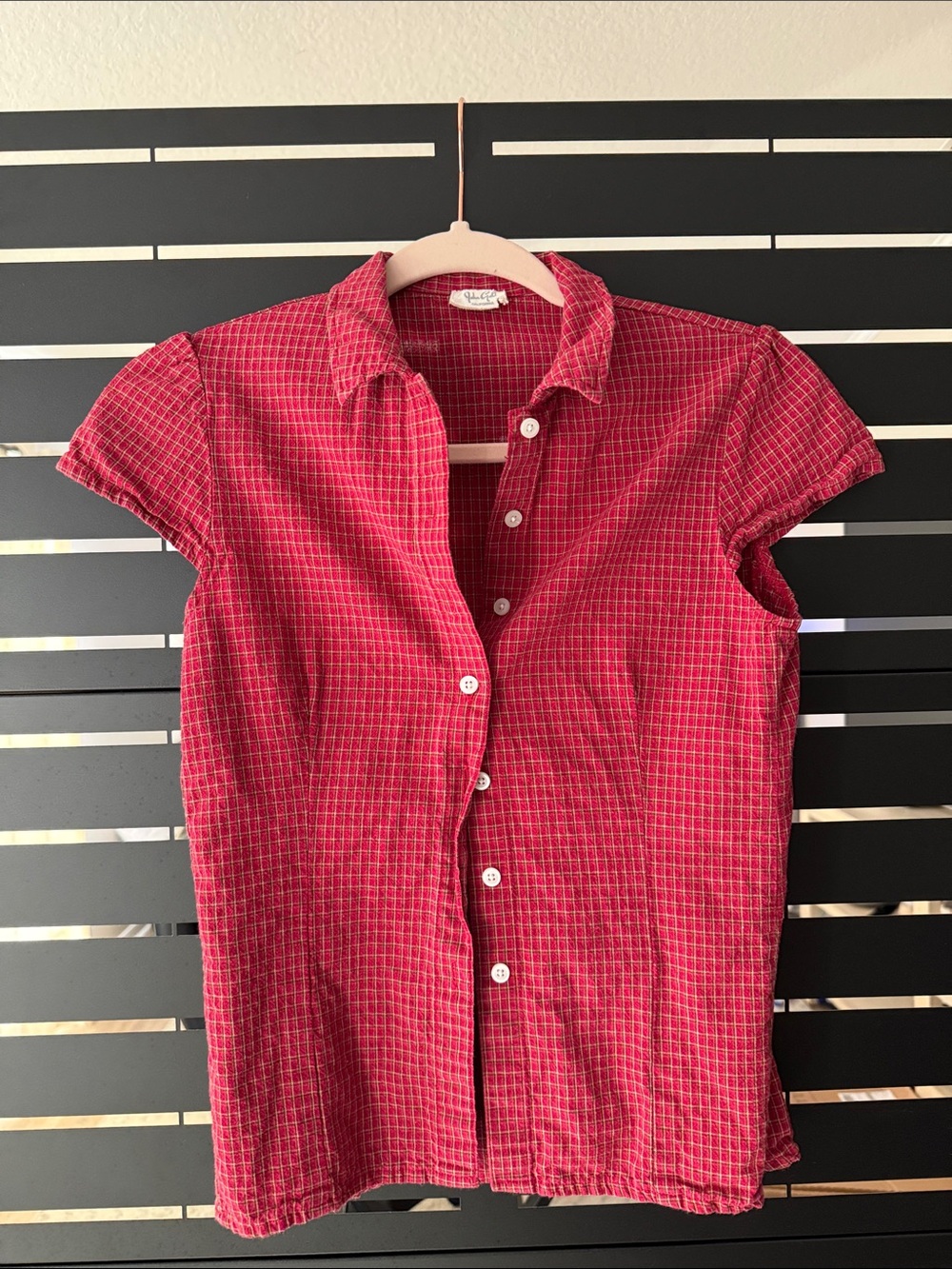 Brandy Melville John Galt Red Check Cap-Sleeve Button-Up Shirt size SMALL
